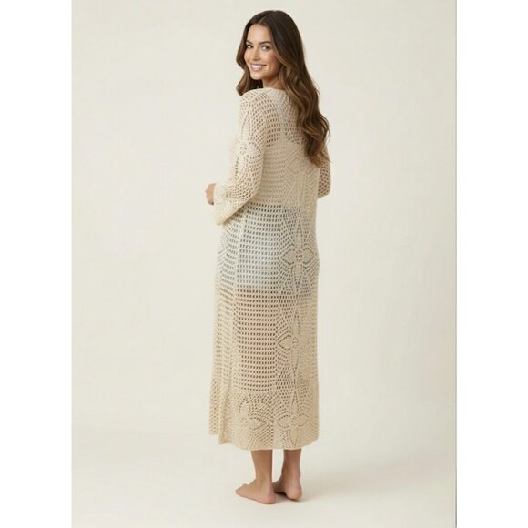 Vintage 90s Crochet Tie Front Cardigan: Boho Long Duster Sweater Coastal Grandma - Picture 10 of 16